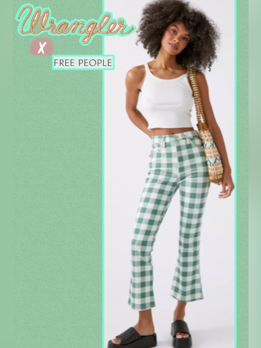 NWT Wrangler Wrock 672 Green Gingham Kick Flare Crop Checkered Pants 25 Summer